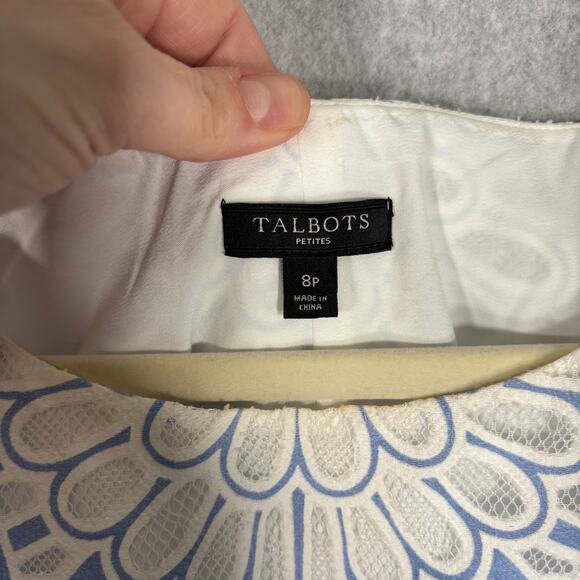 Talbots Dress 8P Cut Away Lace Floral White Shift Mod Periwinkle Church Easter - Picture 5 of 14